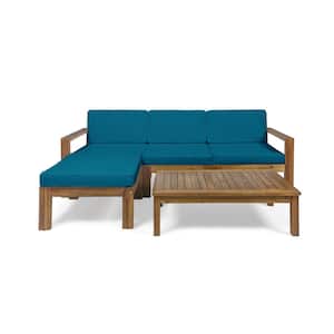 Santa Ana Teak Brown 5-Piece Wood Patio Conversation Sectional Seating Set with Dark Teal Cushions