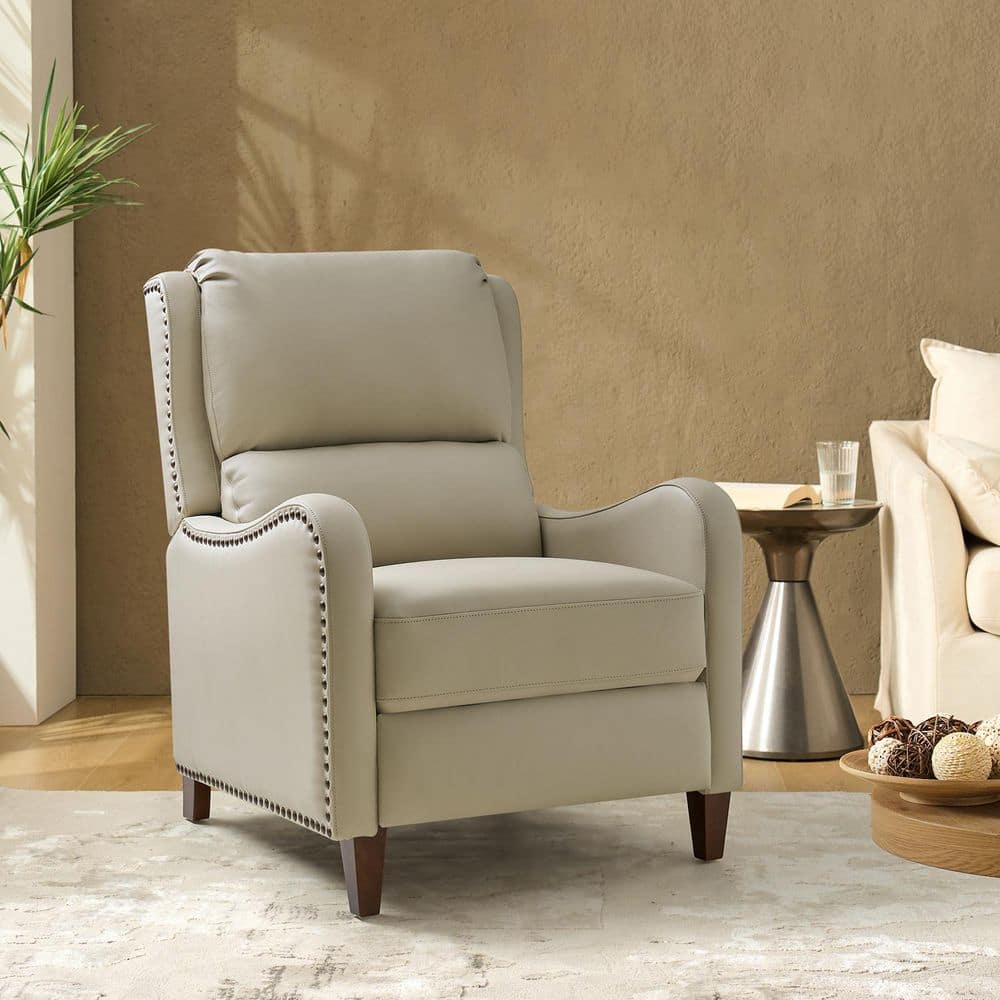 Hyde Modern Retro Cigar Genuine Leather Recliner with Nailhead Trim-Beige