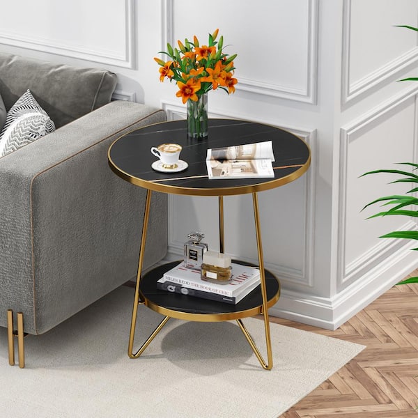 BYBLIGHT Kerlin 18.7 in. Black Round Faux Marble End Table, 2 Tier Round Side Table with Shelves, Modern Nightstand Bedside Table