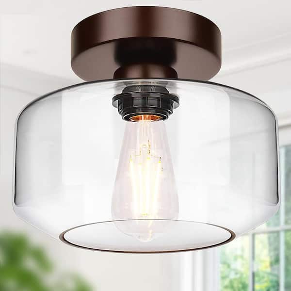 8.7 in. 1-Light Brown Industrial Semi Flush Mount Ceiling Light 800 Lumen LED Bulb Included