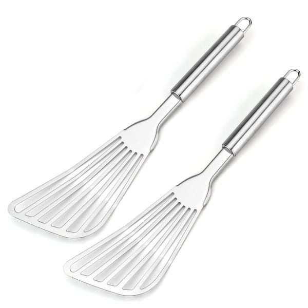 Premium Stainless Steel Fish Spatula Set Kitchen Tool Silver Ergonomic Non-Slip Handle Flexible Slotted Turner 2-Piece