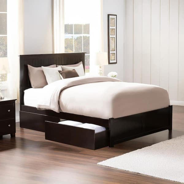 Nantucket Espresso Queen Solid Wood Storage Platform Bed with Flat Panel Foot Board and 2 Bed Drawers
