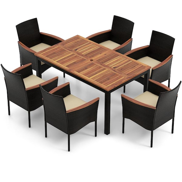 Liviza 7-Piece Wicker Outdoor Dining Set with Stackable Chairs and Beige Cushions