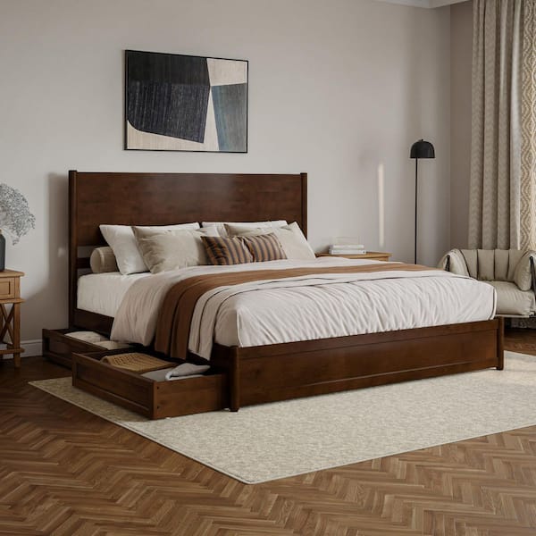 Ronan Walnut Brown Wood Frame King Platform Bed with Footboard and Storage Drawers
