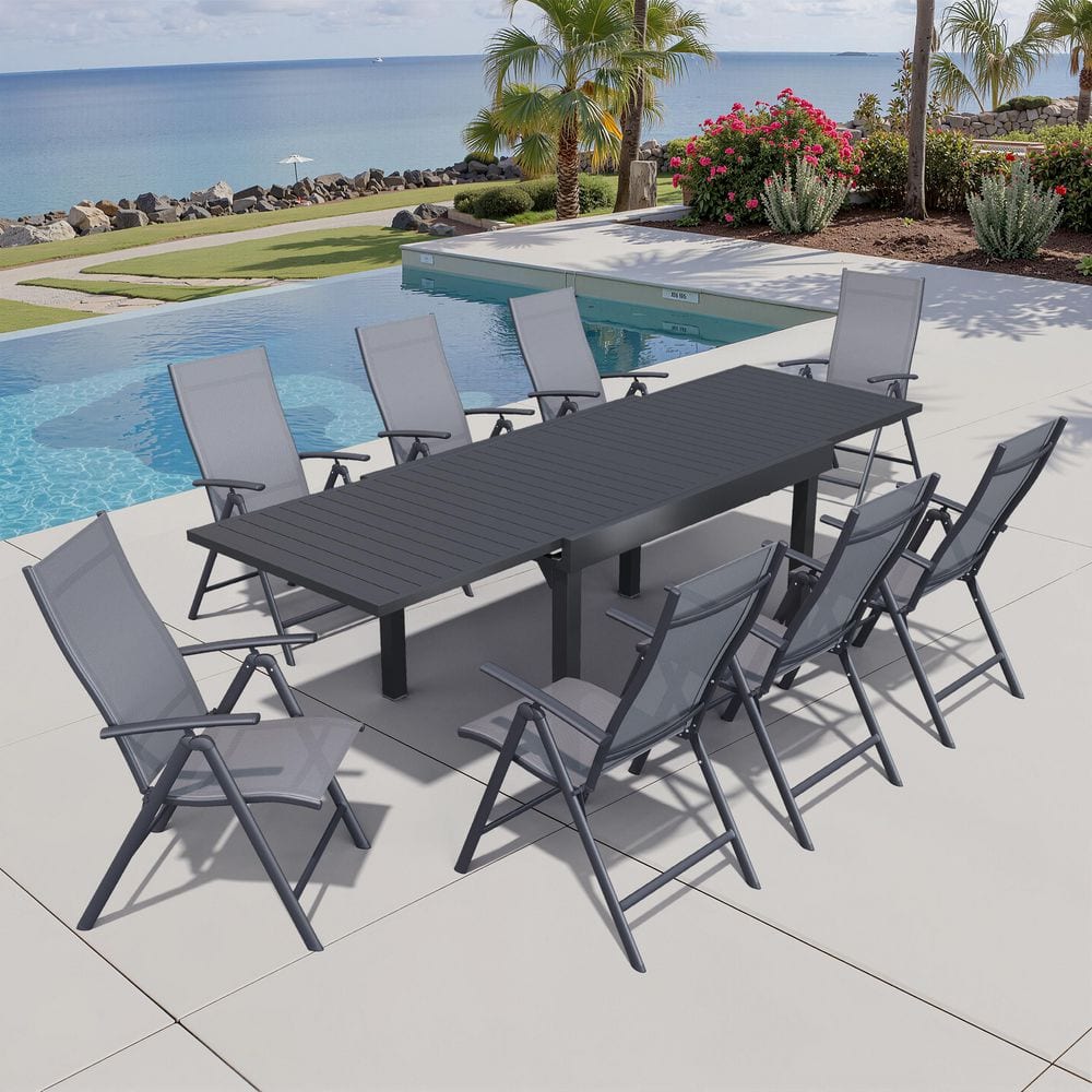 9-Piece 106in. Aluminum Rectangle Patio Outdoor Dining Set, Extension Table and Gray Adjustable Backrest Metal Chair price history on PriceWatchPro