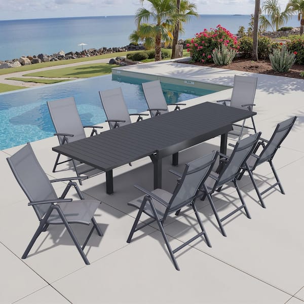 Pellebant 9-Piece 106in. Aluminum Rectangle Patio Outdoor Dining Set, Extension Table and Gray Adjustable Backrest Metal Chair