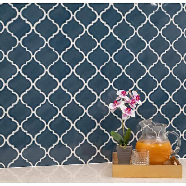MSI Take Home Tile Sample-Bay Blue Glossy Arabesque 4 in. x