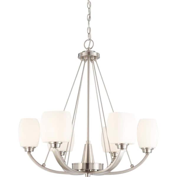 Glomar 6-Light Brushed Nickel Chandelier with Satin White Glass Shade