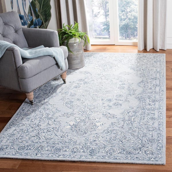 Micro-Loop Light Blue/Ivory 11 ft. x 15 ft. Floral Border Area Rug