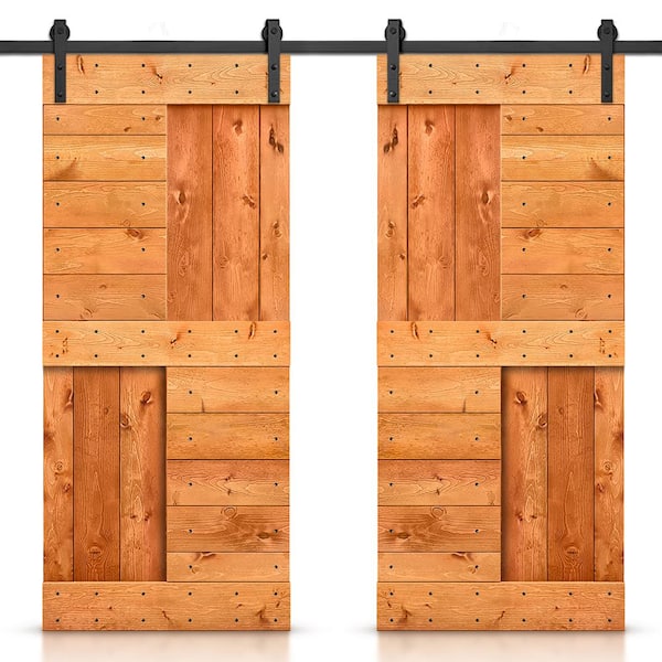 CALHOME 72 in. x 84 in. Red Walnut Stained DIY Knotty Pine Wood Interior Double Sliding Barn Door with Hardware Kit