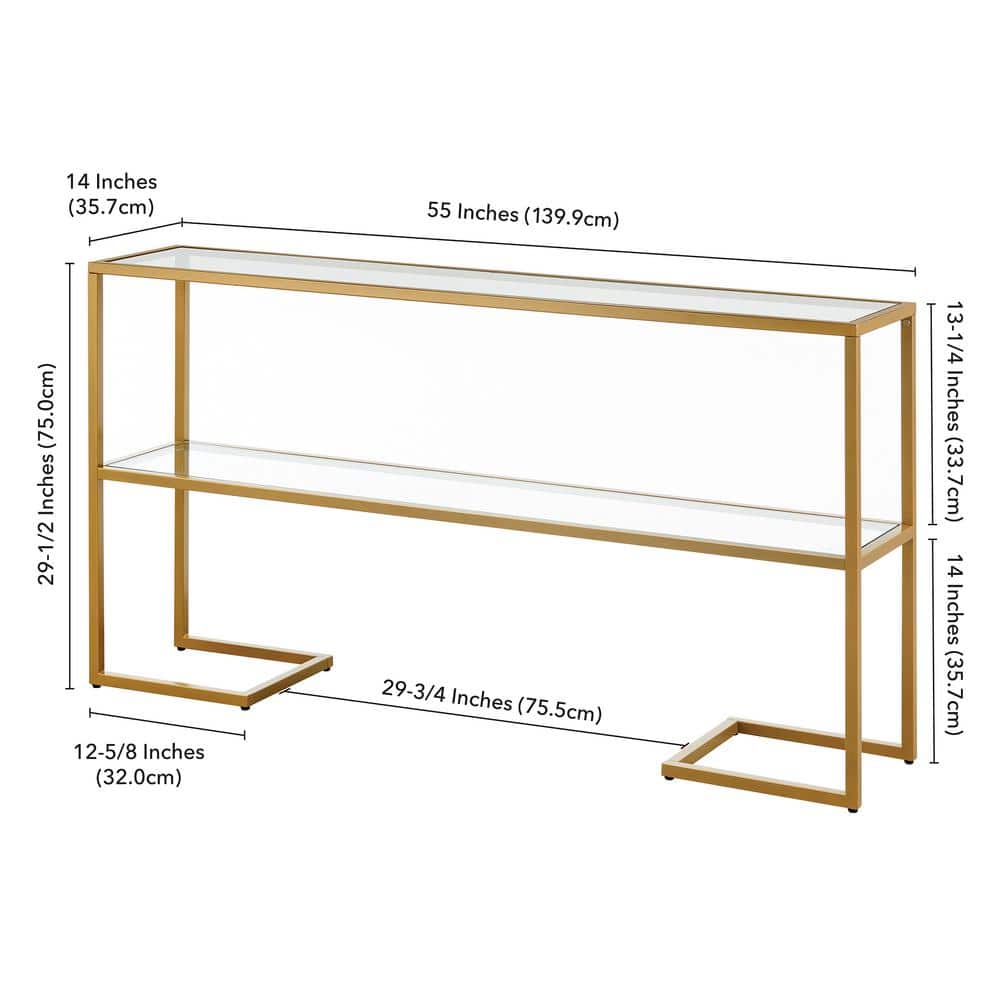 Elegant Gold 55" Metal & Glass Console Table with Storage Shelf