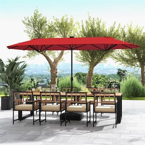 13 ft. Metal Market Solar Double-sided Patio Umbrella with Umbrella Base in Wine