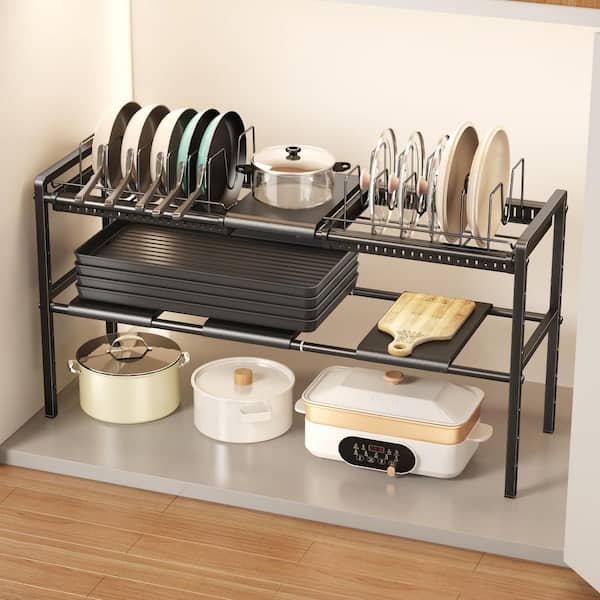 Black Expandable 2 Tier Pots and Pans Rack Adjustable Height Under Cabinet Organizer with 12 Dividers Shelf