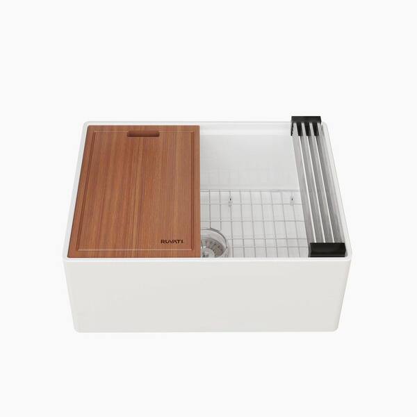 Fiore 24 in. Apron-Front Farmhouse Single Bowl White Fireclay Kitchen Sink and with Workstation Accessories