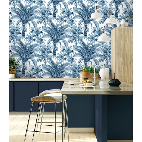 Palm Grove Blue and White Vinyl Peel and Stick Wallpaper Roll (Cover 30.75 sq. ft.)