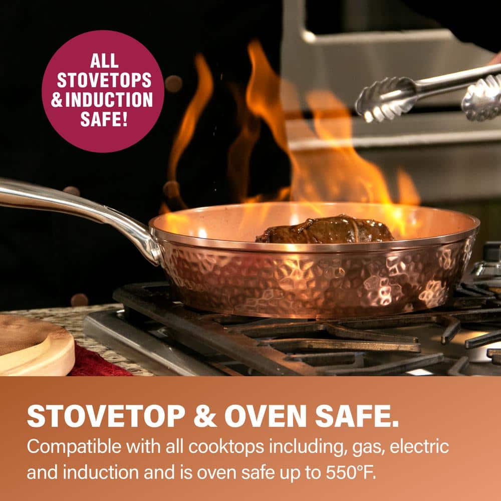 Hammered Copper 12'' Aluminum Nonstick Fry Pan with Lid