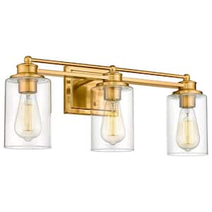 Farmhouse 22.5 in. 3-Light Brushed Gold Bathroom Vanity Light with Clear Glass Shades