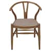 Front view of a walnut wishbone dining chair with a brown upholstered seat.