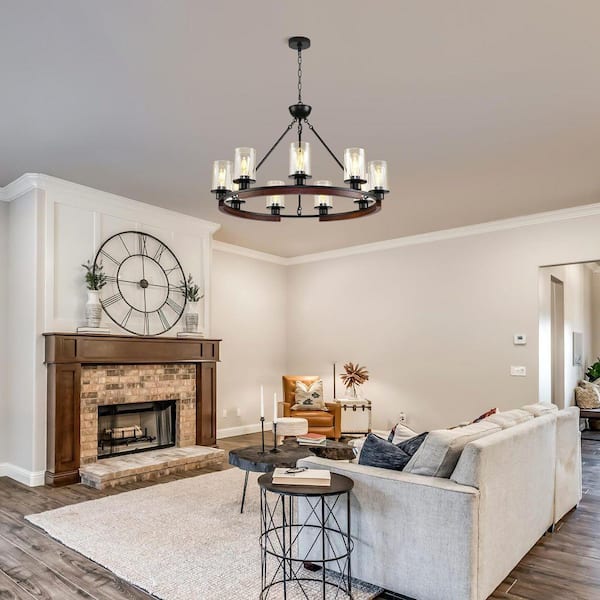 PAKOKULA Farmhouse 9-Light Black Rustic Wagon Wheel Chandelier