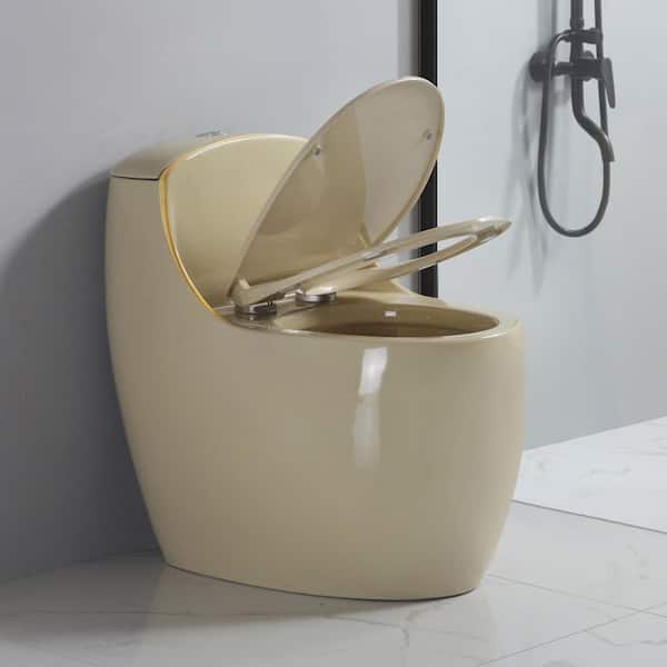 Small Compact 1-Piece Toilet with Soft Closing Seat, 1.6 GPF Single Flush Round Modern Toilet, Biscuit