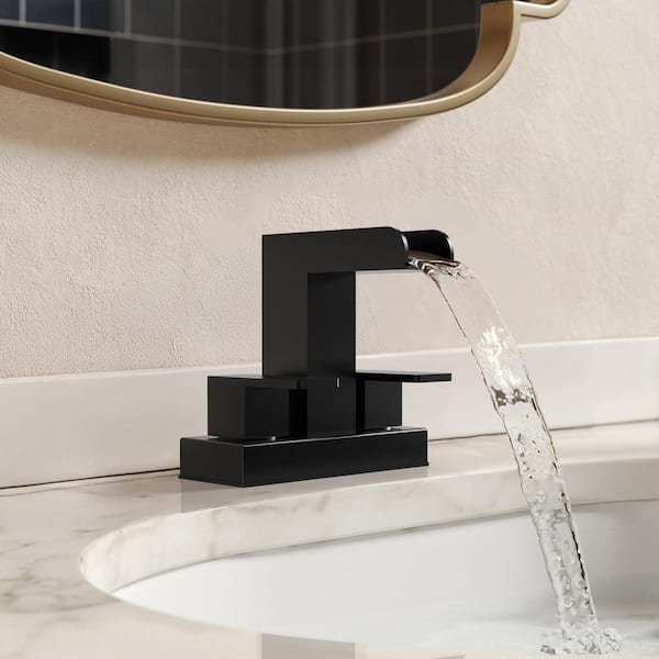 Open Trough Waterfall 4 in. Centerset Double Handle Bathroom Faucet 1.03 GPM in Matte Black Drain Not Included
