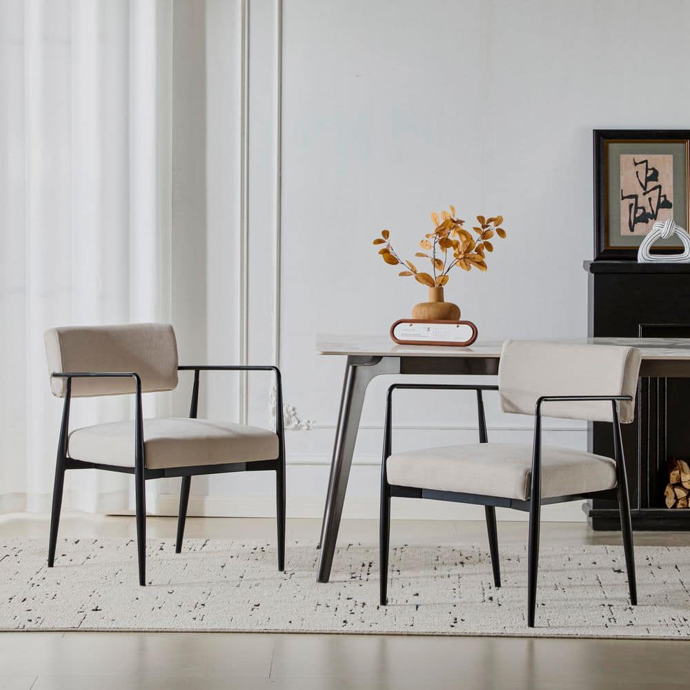 Beige Upholstered Iron Frame Dining Chair Set of 2 with Curved Backrest, Plastic Foot Pads, Slender Legs price history on PriceWatchPro