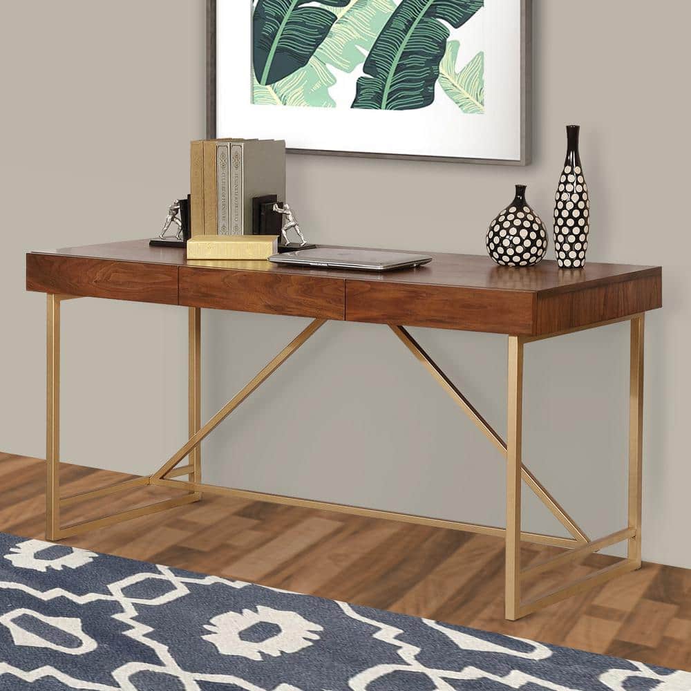 Walnut Brown Wooden Writing Desk with Gold Metal Legs and Drawers