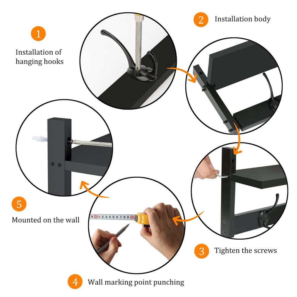 Black Wall-Mounted Shelf with 5 Dual Hooks