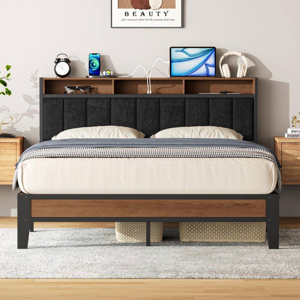 Black Metal Frame Queen Upholstered Platform Bed with Charging Station and Storage Headboard price history on PriceWatchPro