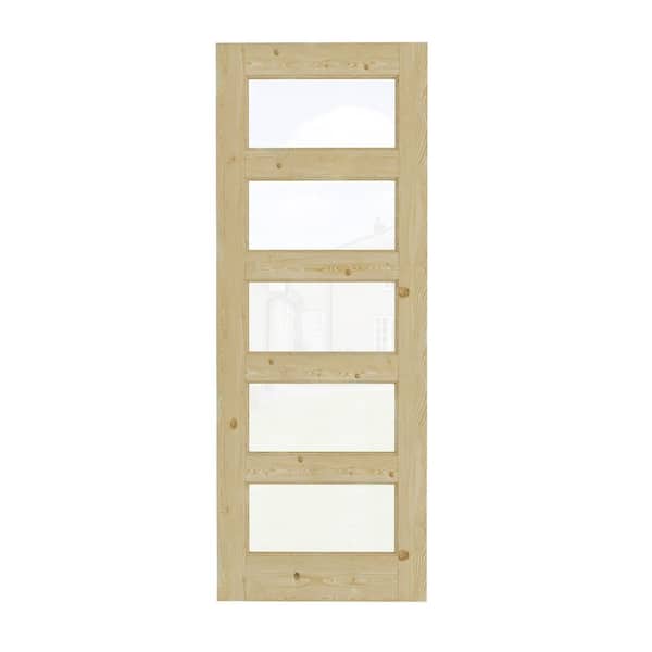 ARK DESIGN 30 in. x 80 in. Modern Universal/Reversible 5-Lite Tempered Clear Glass Unfinished Pine Wood Front Door Slab