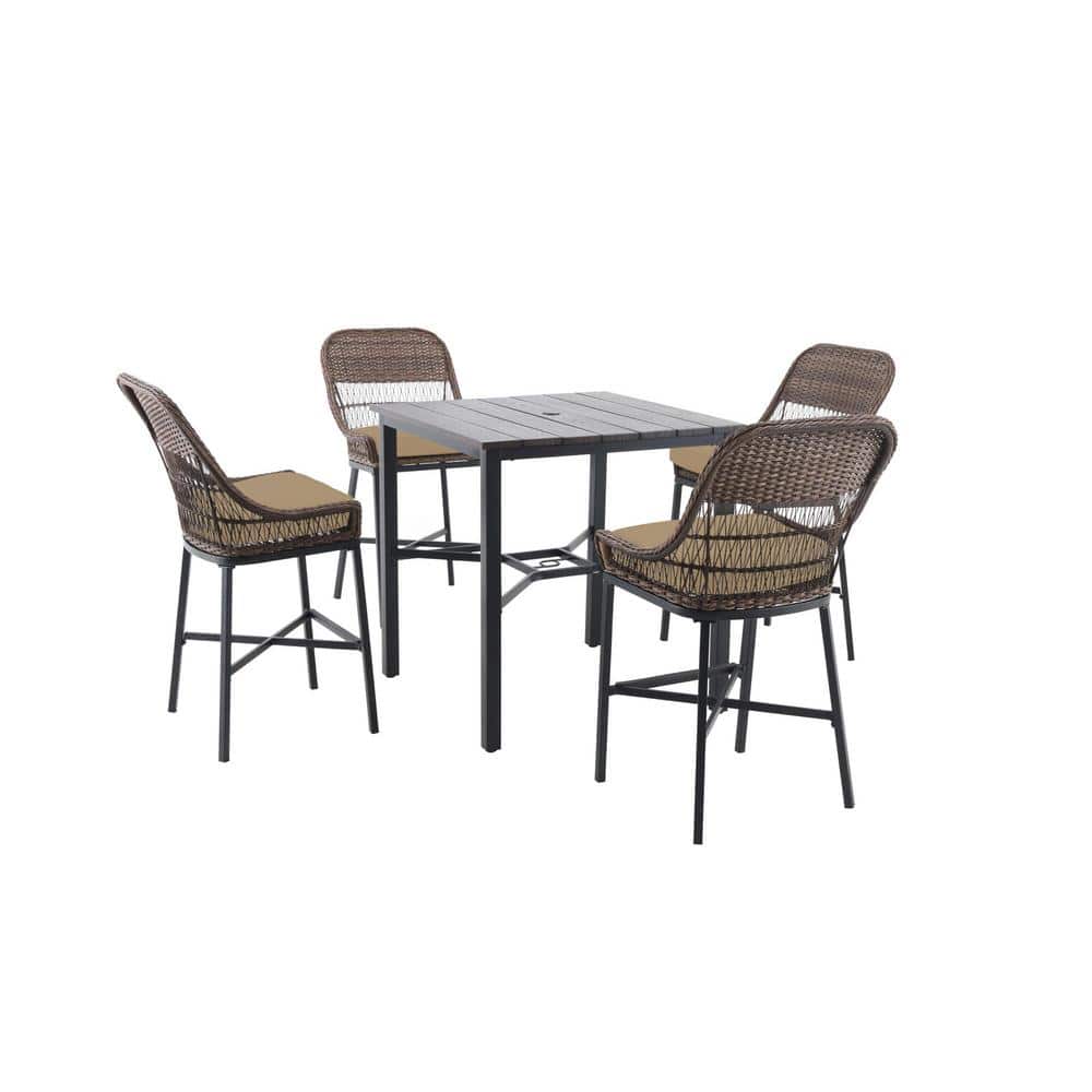Hampton Bay Beacon Park 5-Piece Brown Wicker Outdoor Patio High Dining Set with CushionGuard Toffee Tan Cushions -  H013-01523600