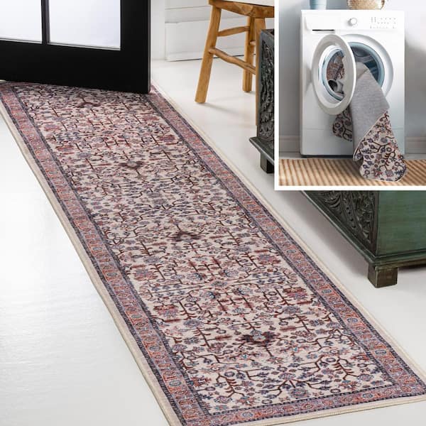 JONATHAN Y Kemer All-Over Persian Machine-Washable Beige/Red/Blue 2 ft. x 8 ft. Runner Rug