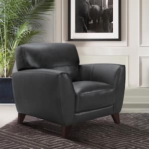 Jedd Genuine Black Leather Contemporary Chair with Brown Wood Legs