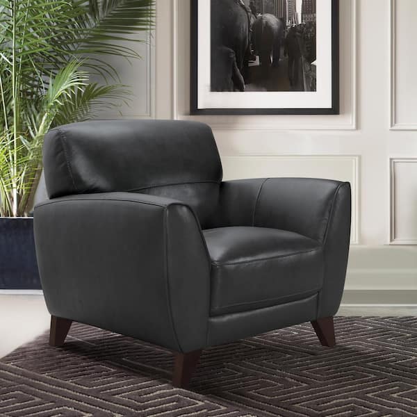 Armen Living Jedd Genuine Black Leather Contemporary Chair with Brown Wood Legs
