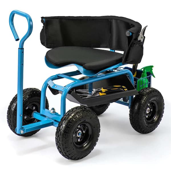 0 cu. ft. Metal Rolling Garden Cart Height Adjustable Scooter with Swivel Seat and Tool Storage Blue