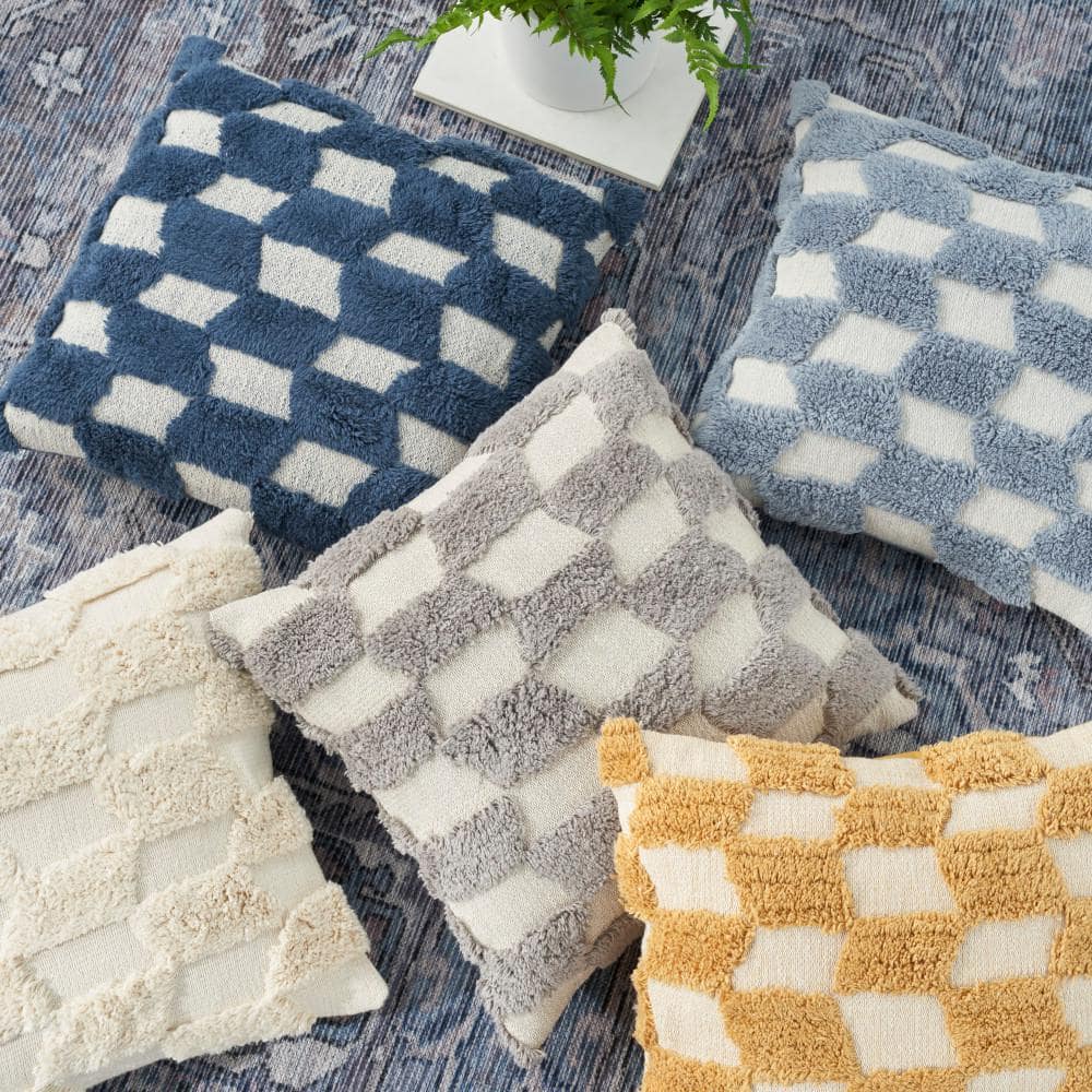 Light Gray and Ivory Tufted Geometric 18" Square Throw Pillow