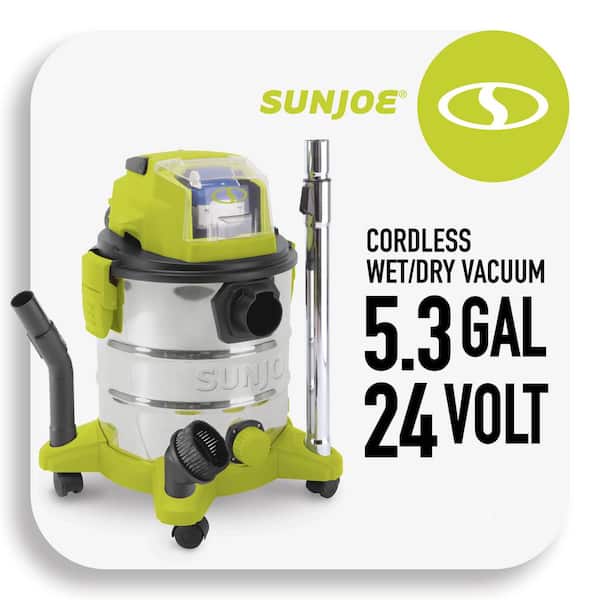 Sun Joe 5.2 Gal. 24V IONMAX Cordless Portable Stainless Steel Wet/Dry Vacuum Kit with 4.0 Ah Battery Plus Charger
