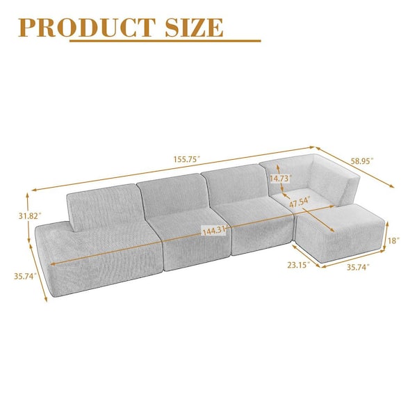 Uixe 155.75 in. Modern Square Arm 5-Piece Corduroy Modular Free