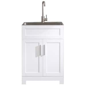24 in. x 18 in. x 34 in. White Freestanding Bathroom Storage Linen Cabinet with Stainless Steel Faucet