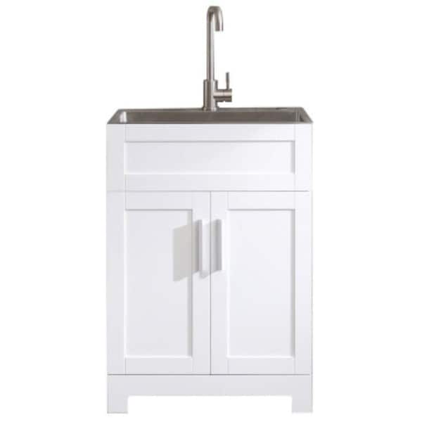 Aoibox 24 in. x 18 in. x 34 in. White Freestanding Bathroom Storage Linen Cabinet with Stainless Steel Faucet