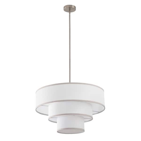 24 in. 5-Light Brushed Nickel Tiered Drum Chandelier with White Farbic Shade