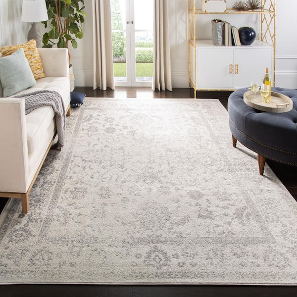 Adirondack 11 ft. x 11 ft. Square Ivory/Silver Border Distressed Area Rug