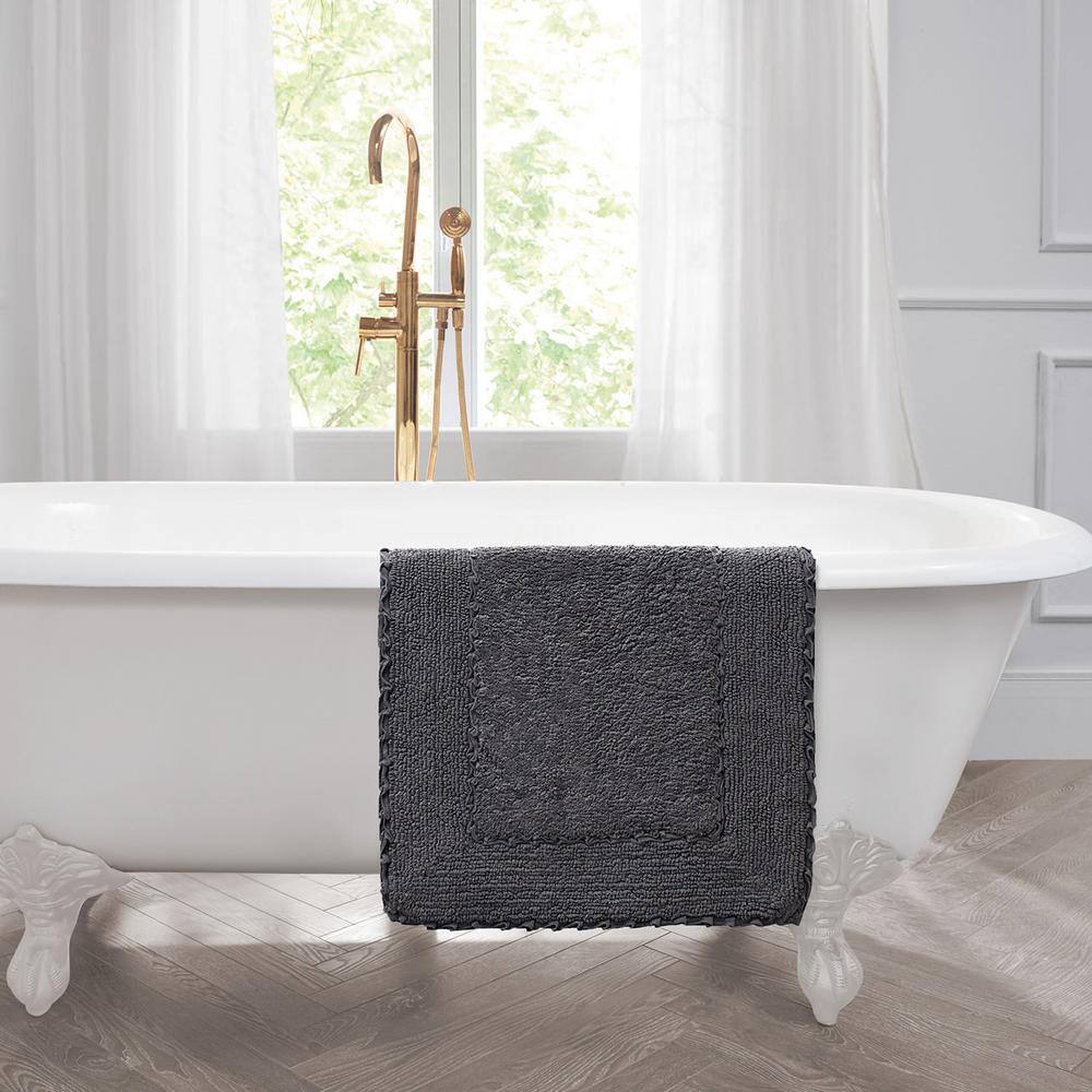Dark Gray Cotton Ruffle Border Machine Washable Bath Mat Set