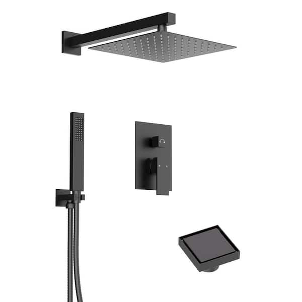 YAWWALK 10 in. Rainfall Double Handles 2-Spray Shower Faucet 2.5 GPM and Shower Drain in Matte Black (Valve Included)
