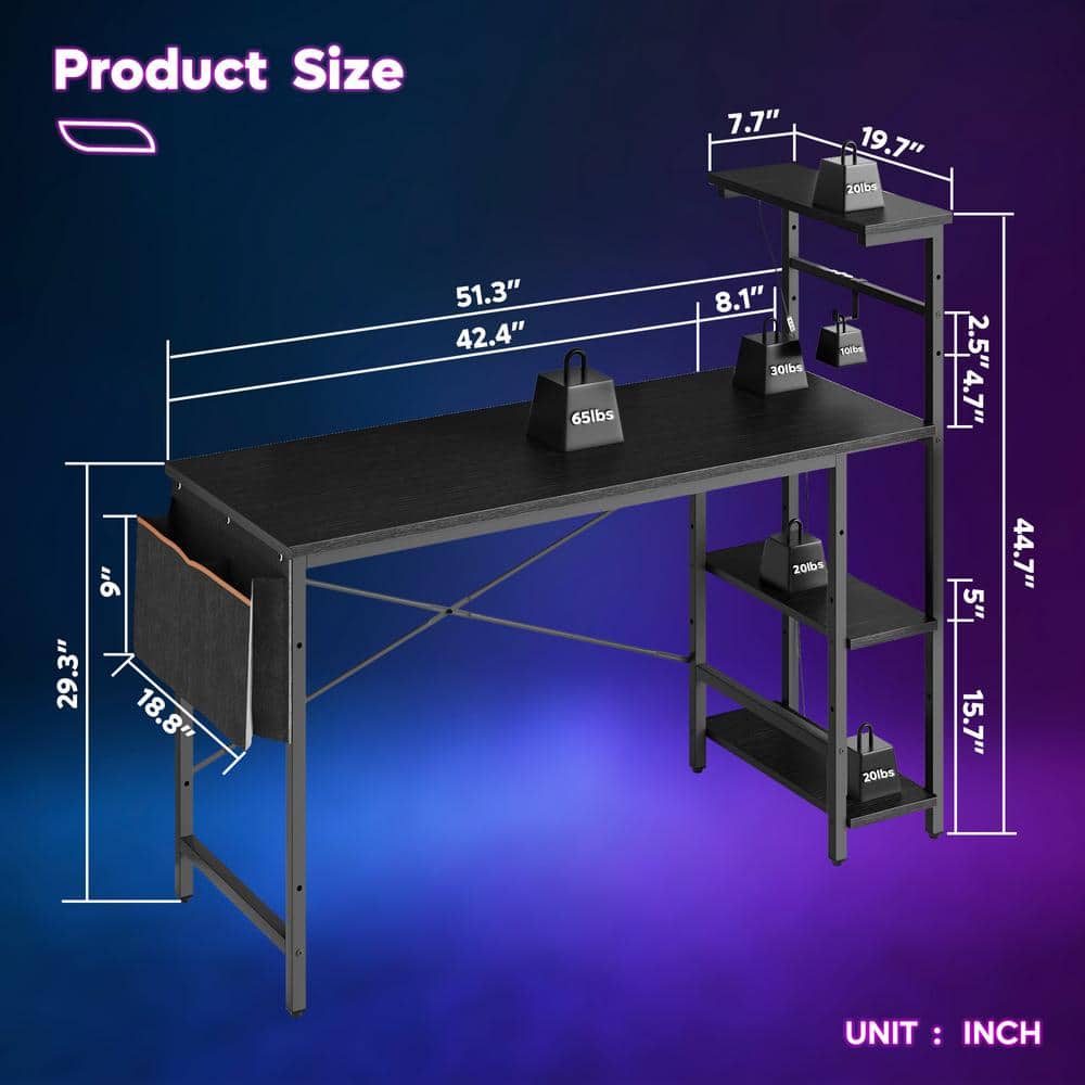 Black 52-Inch Wood Gaming Computer Desk with LED Lights and Shelves