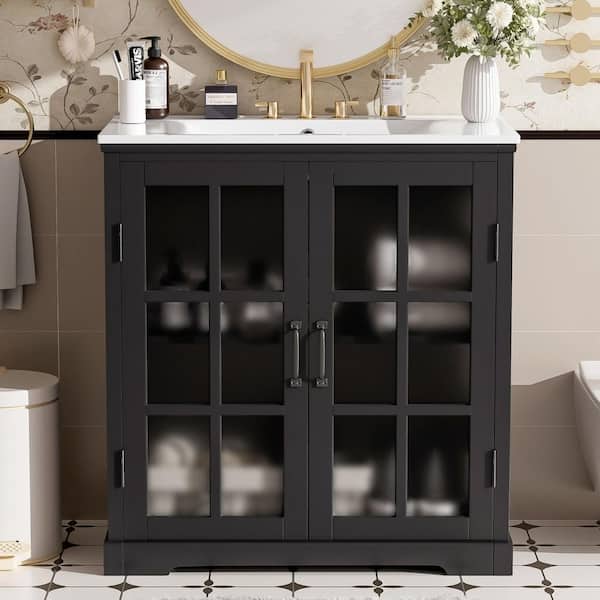 30 in. Single Sink Freestanding Black Bath Vanity with White Ceramic Top and 2-Glass Door and Adjustable Shelf Assembled