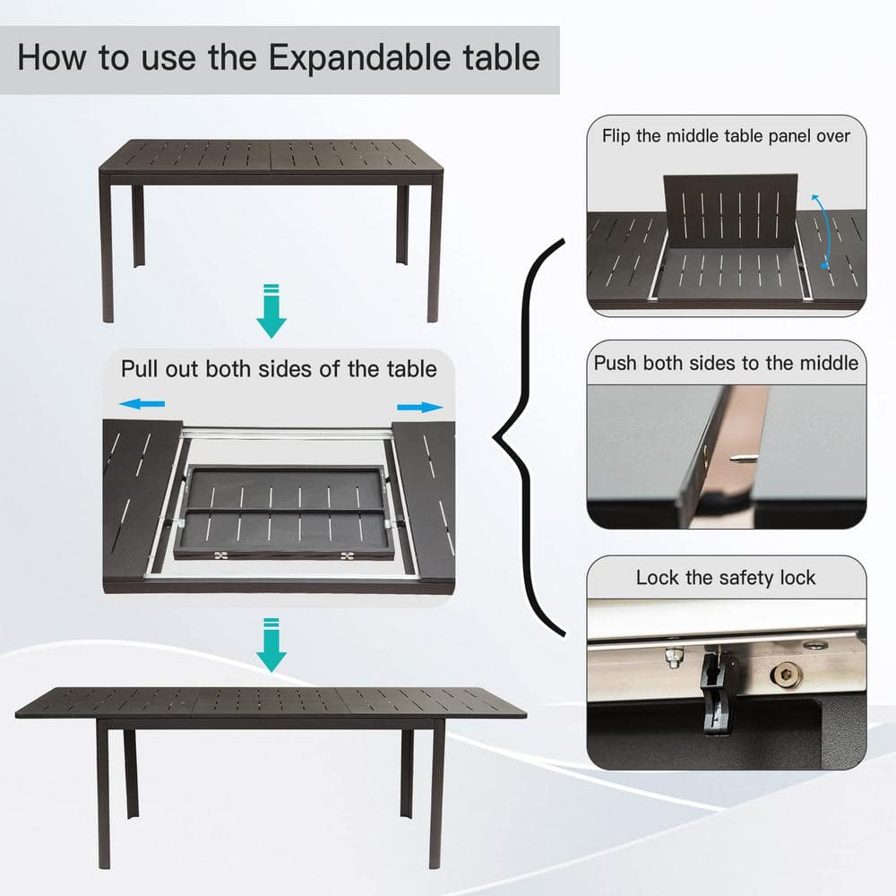 Dark Brown Expandable Aluminum Outdoor Dining Table for 8