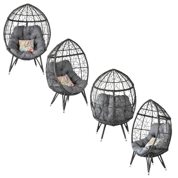 Zeus & Ruta Black Wicker Swing Egg Chair with Stand Indoor Outdoor Hammock Chair with Gray Cushion for Backyard, Balcony and Patio