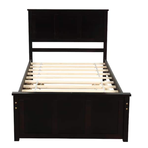 Twin Size 42 in. Espresso Platform Bed with 2 Drawers, Twin Kids Adult Bed Frame with Headboard and Strong Slats Support