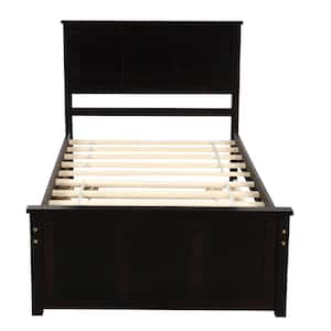Espresso Solid Wood Twin Size Bed Frame with Trundle, Kids Platform Twin Bed with Pull Out Trundle, No Box Spring Needed
